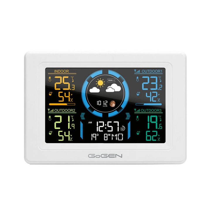 Statie meteo interior-exterior GoGEN ME 3397 W, LCD color, 3 senzori inclusi, ceas cu alarma, alb