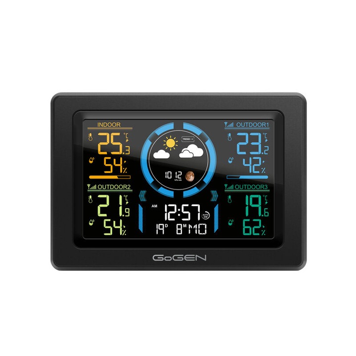 Statie meteo interior-exterior GoGEN ME 3397 B, LCD color, 3 senzori inclusi, ceas cu alarma, negru