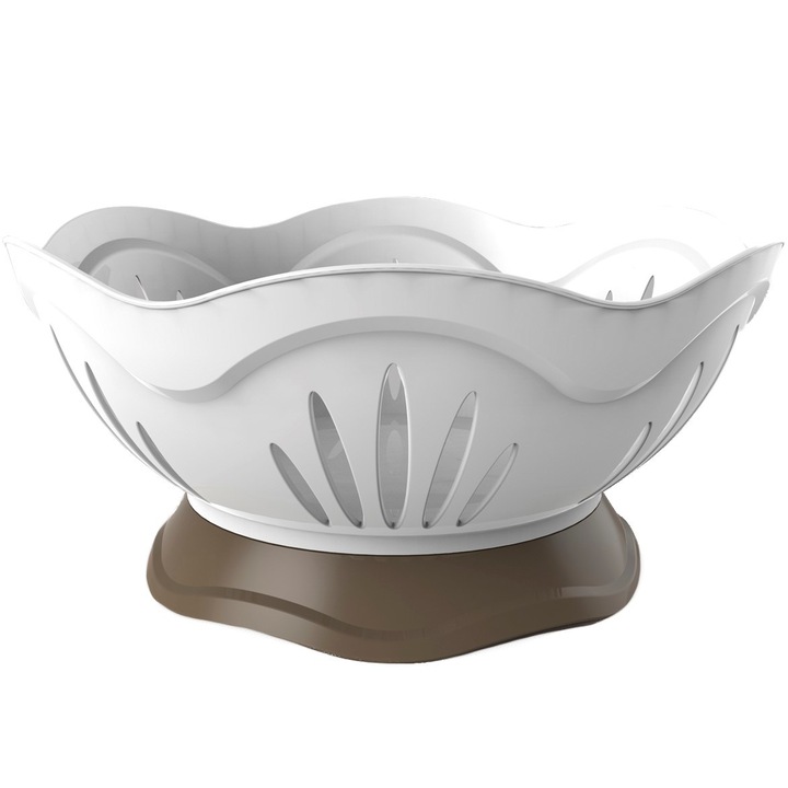 Cos cu fructe si legume, BAMA, Plastic, Rotund, Diametru 29,5 cm, Inaltime 14 cm, Suport detasabil, Alb/Maro