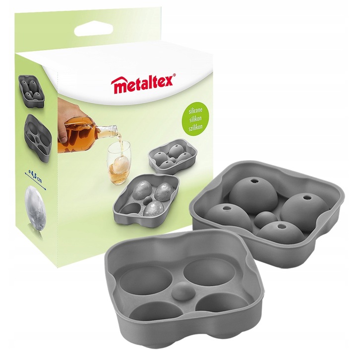 Forma cuburi de gheata, Metaltex, forma de matrita pentru gheata de marca, 4 bile mari, diametru 4,5 cm, pentru un ulcior de whisky, Silicon, Gri