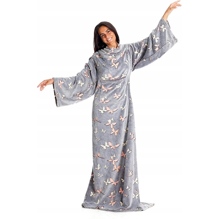 Patura cu maneci, Kanguru, Lata, Practica, Stralucind in intuneric, Marime universala, Poliester, 140x180 cm, Gri