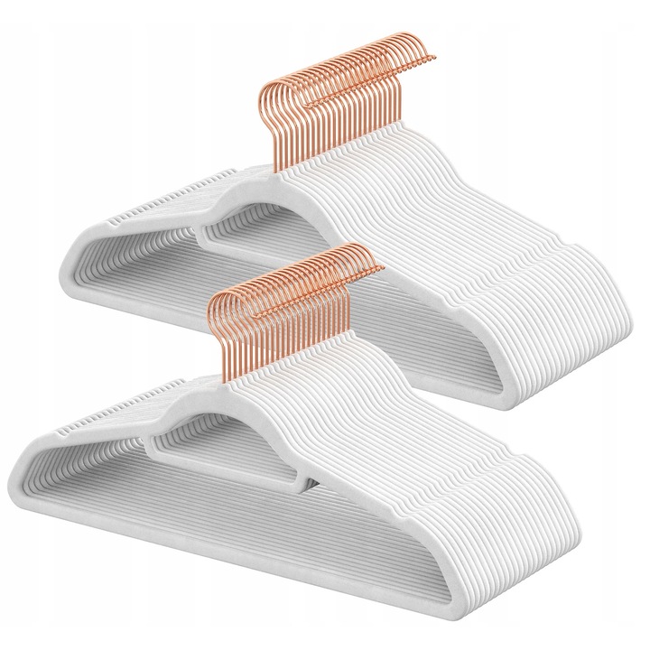 SONGMICS Set de 50 de umerase pentru haine, anti-alunecare cu catifea, bara de cravata si carlig pivotant, 43,5 cm, alb+