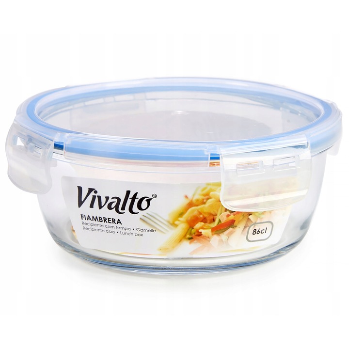 Cutie alimentara, 860 ml, Sticla, 7,5 x16 cm, Albastru/Transparent, Vivalto