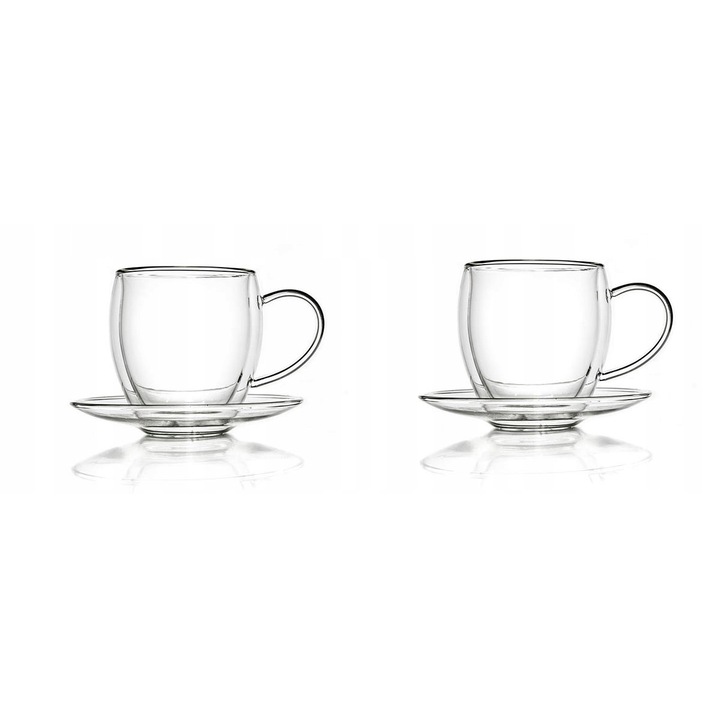 Set 2 Cani cu farfurioara, cu pereti dubli, Sticla, borosilicata, 250ml, Transparent, 9x9cm, Creano