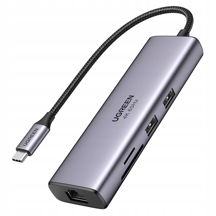 HUB, Ugreen, 7in1 мултифункционален USB-C - 2x USB 3.2 Gen 1, HDMI 4K 60Hz, SD, TF, RJ45 1Gbps, USB-C PD 100W, Сив