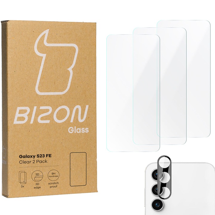 Set 3 folii de protectie pentru Samsung Galaxy S23 FE, Bizon, Sticla securizata, Transparent