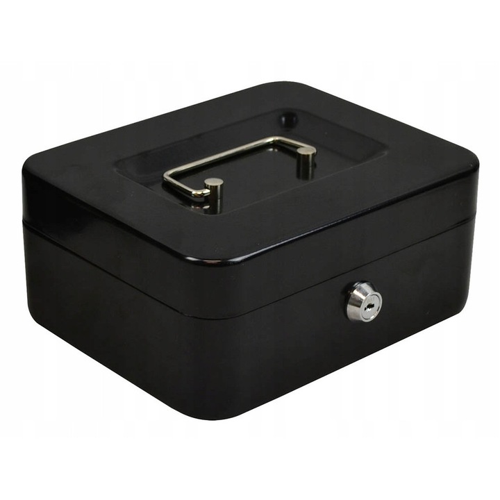 Caseta de bani, UBX, prevazuta cu maner pentru transportare usoara, 2 cheite, dimesiune mare, neagra, 20x16x9 cm