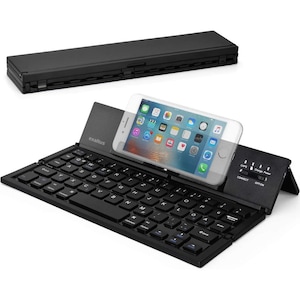 Tastatura Pliabila Super Slim Exaltus®, Portabila cu Suport pentru Tablete si Telefoane, conectivitate Bluetooth, Compatibila cu Android / iOS / Windows, Pentru calatorii, birou, acasa, din aliaj de aluminiu, Negru