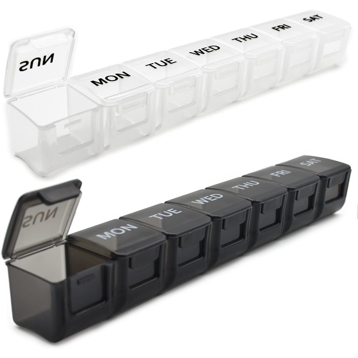Set 2 cutie organizator medicamente, portabila, 7 zile, 24x 4x 3.3cm, Negru/Alb