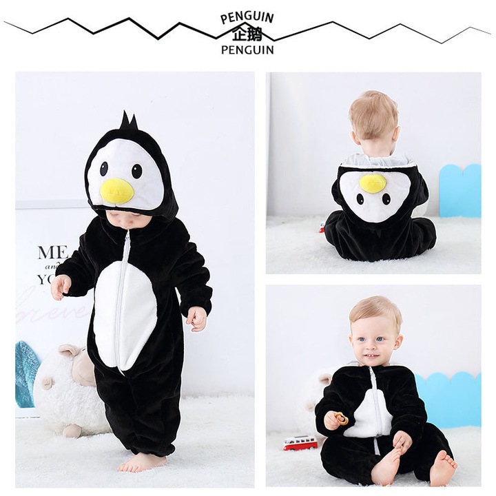 Pijama kigurumi pentru bebelusi tip salopeta din material moale si pufos 100cm, Negru/Alb