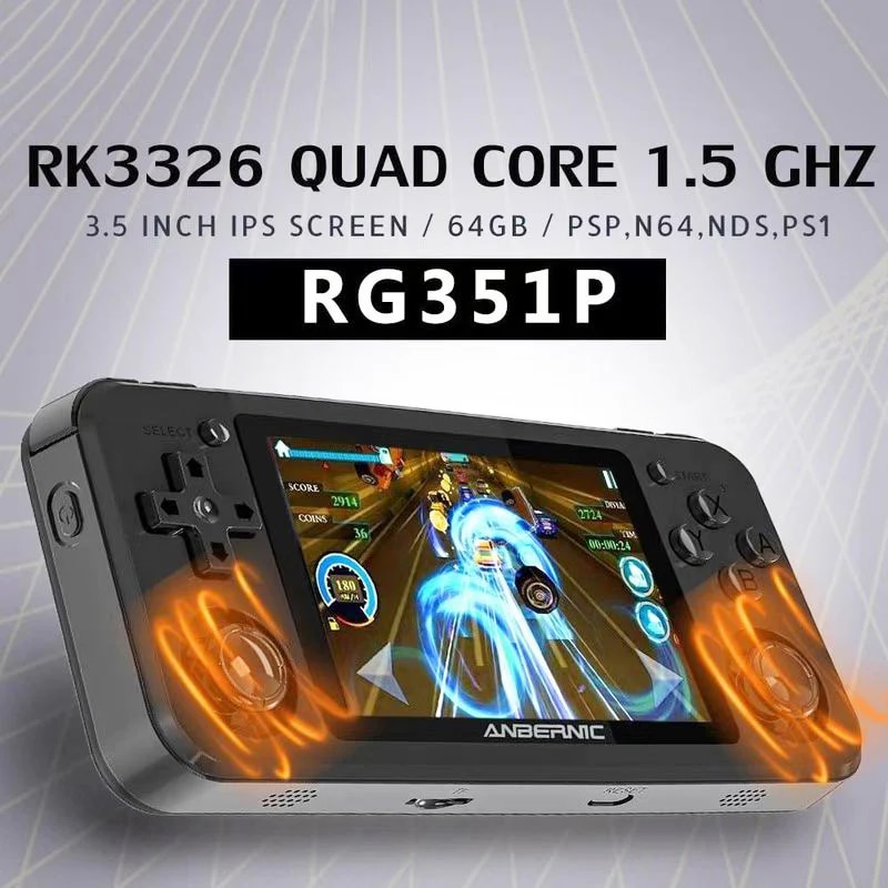 Consola de jocuri retro portabila ANBERNIC RG351P 64GB, quad core Cortex-A35 1.5GHz, RAM 1GB DDR3, Display 3.5 inch IPS 320x480, acumulator 3500 mAh, neagra