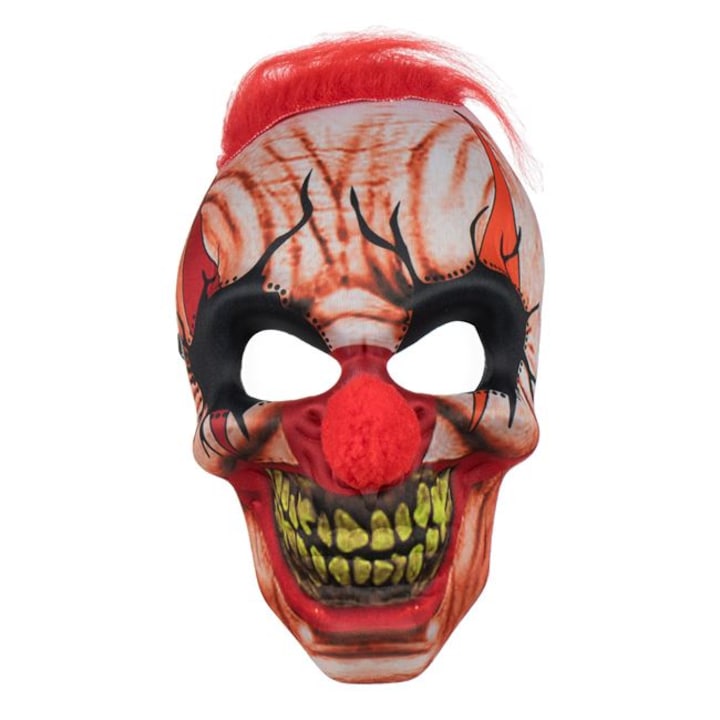 Masca Deghizare Halloween, Clovn Diabolic cu nas rosu pompom si par, marime universala, multicolor, Plastic - Poliester