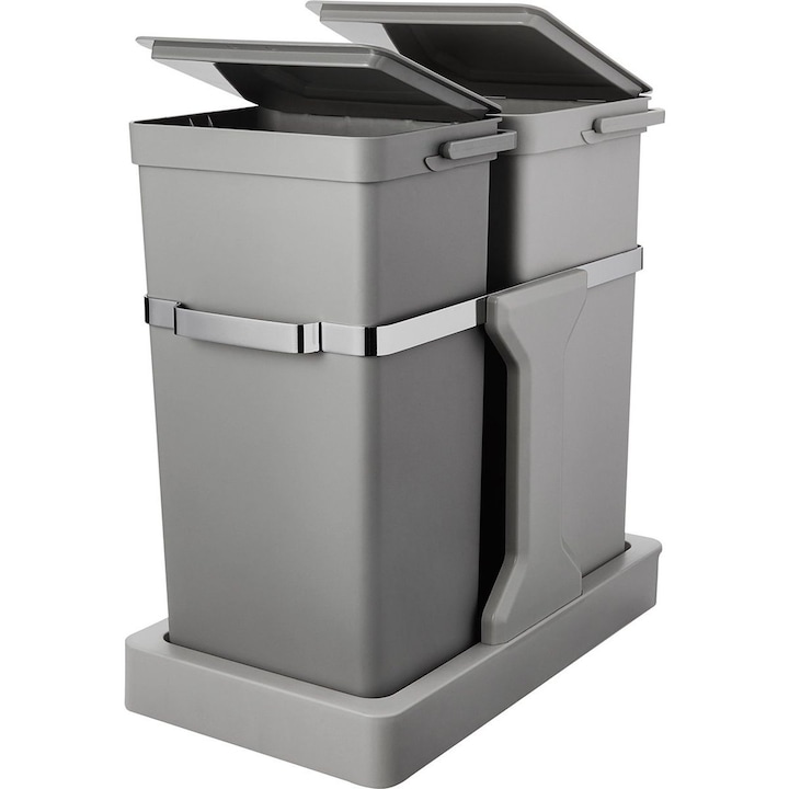 Cos de gunoi incorporabil Eko, Deco Duo Built-in, 20 + 15 l, potrivit pentru colectare selectiva, usor de montat, inaltime cu capac deschis 68 cm, intretinere usoara, gri