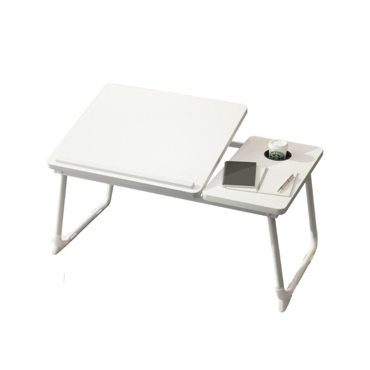 Сгъваема маса за лаптоп с поставка за чаша, регулируема на 5 позиции по височина, 64 x 25 x 32 см, бяла