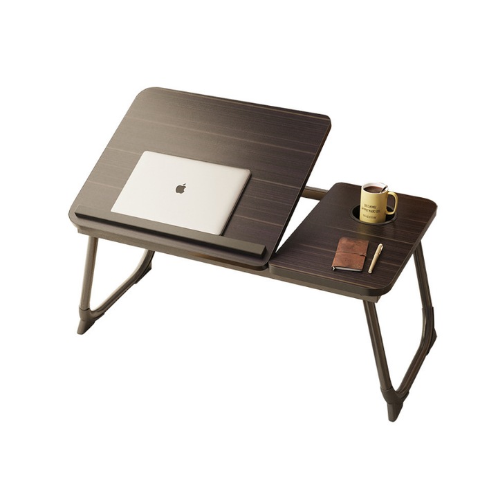 Сгъваема маса за лаптоп с поставка за чаша, регулируема на 5 позиции по височина, 64 x 25 x 32 см, черна