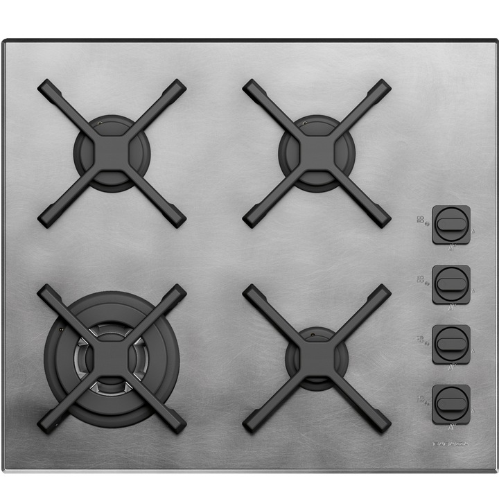 Beépített gázfőzőlap Barazza, 60 cm, 4 égős, Egyedi kollekció, elektromos gyújtás, robusztus öntöttvas grill, forgókapcsolók, rozsdamentes acél, könnyen tisztítható, modern kivitel, rozsdamentes acél