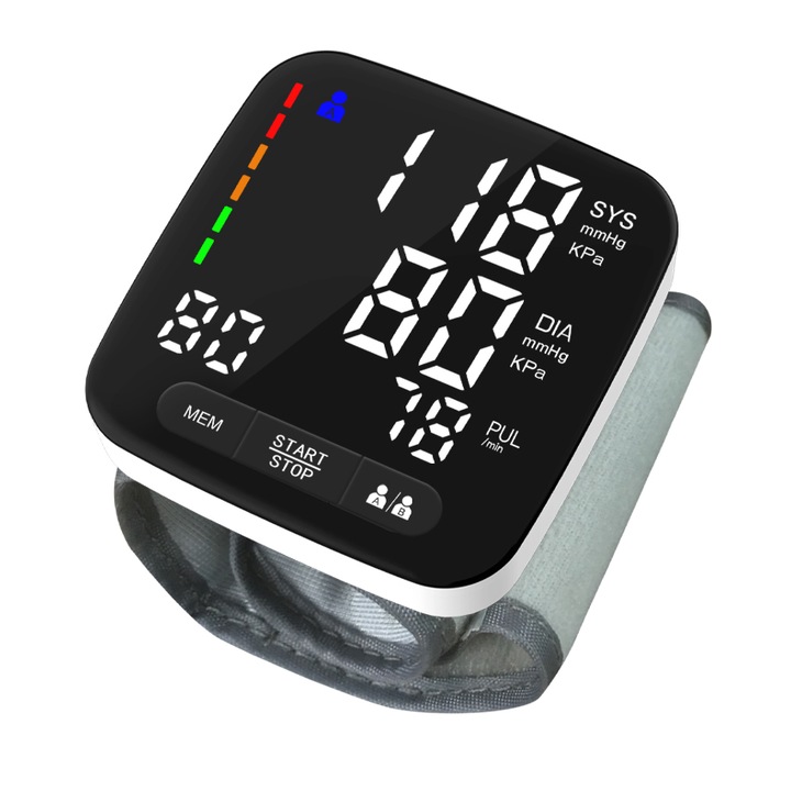 Csuklós vérnyomásmérő LED kijelző nagy karakterekkel, automatikus mérés