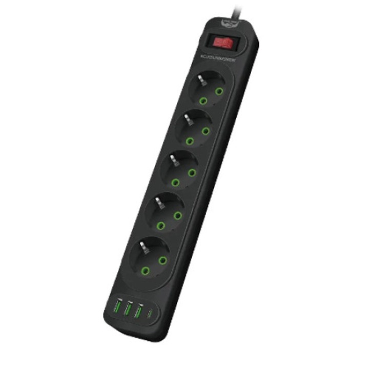 Удължител за контакт Черен, 5 гнезда, 3xUSB 1XTYPC 5V/2.1A, 3m, 2500W, защита за деца, защита от прегряване