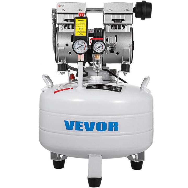 Въздушен компресор, Vevor, 40L, 240V, 850W, 1440rpm, Без масло, 115Psi, 110L/min, Бял
