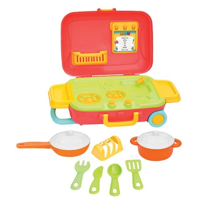 Set de joaca Valiza Bucatarie cu roti Shopiens®, cu 15 accesorii pentru gatit, multicolor