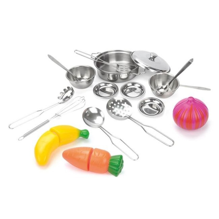 Set de joaca Vase de bucatarie si alimente de jucarie Shopiens®, cu 18 piese, din otel inoxidabil