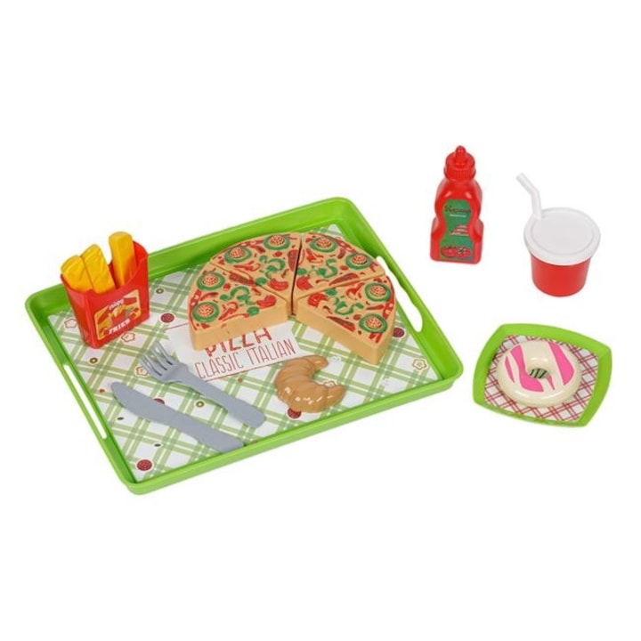 Shopiens® pizzéria gyerekjáték készlet pizzával, krumplival, croissant-nal, fánkkal és műanyaglével, sokszínű