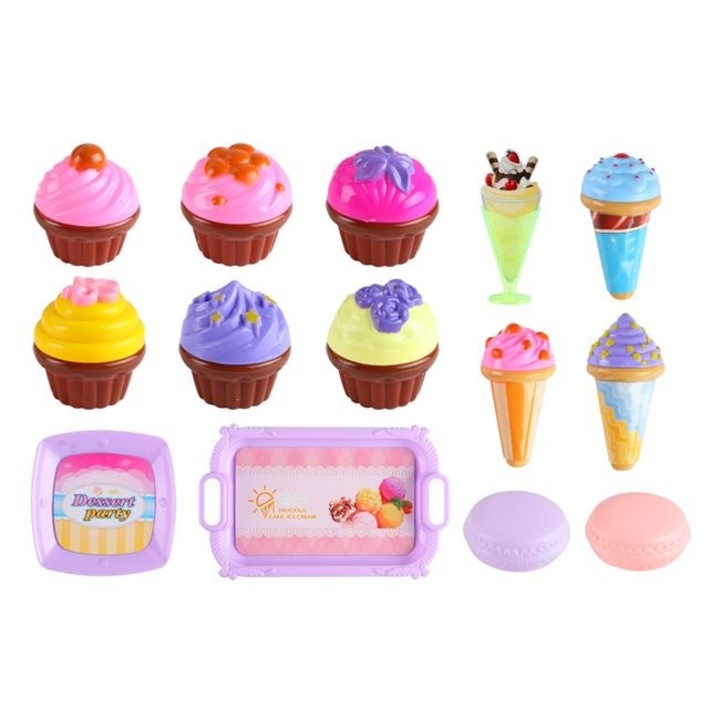 Set de joaca Lumea dulciurilor Shopiens® platou cu inghetate, macaron si cupcakes din plastic, multicolor