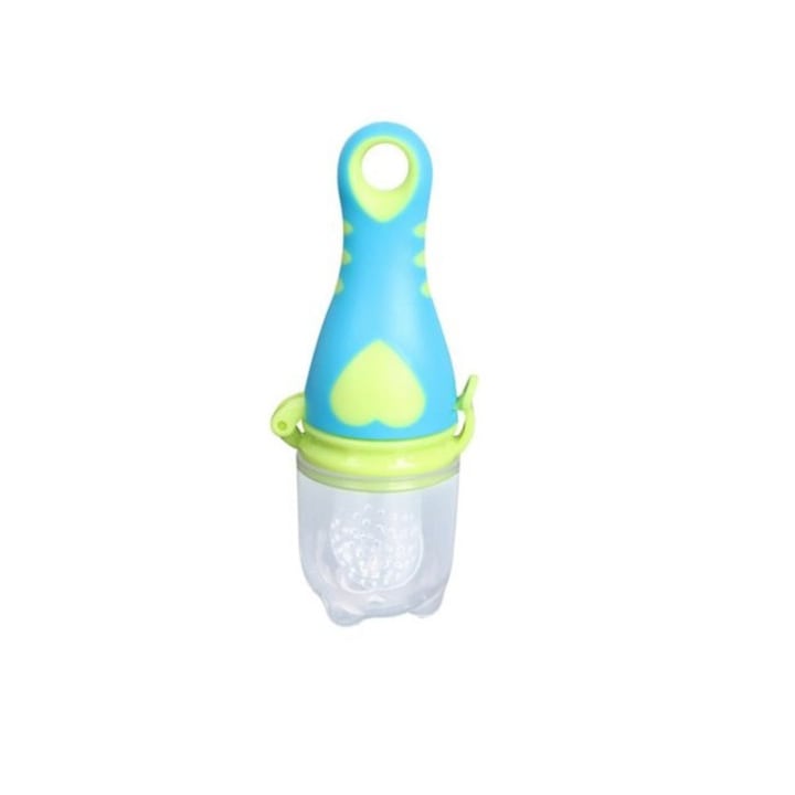 Залъгалка за разнообразяване, биберон за полутвърди храни, плодове и зеленчуци, пластмаса и силикон, BPA Free, 13.5x4.5cm, Синьо-зелен
