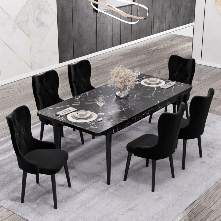 Set Masa Extensibila 80 x 170 Babyface Lord Scaune 6 buc Negru HAMAN