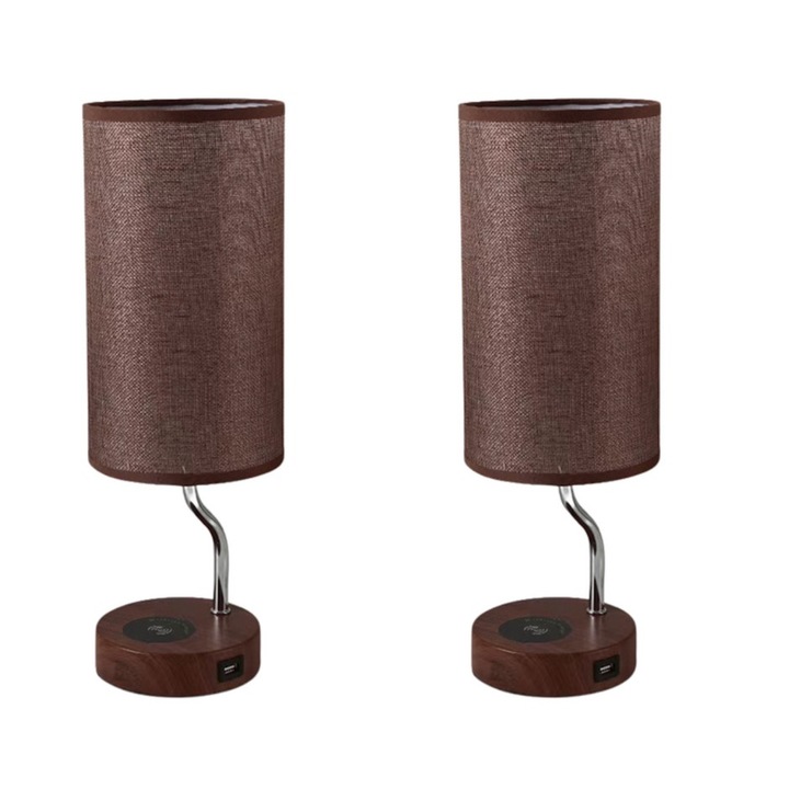 Set Lampa cu abajur din tesatura, pentru birou, dormitor, cu incarcare wireless telefon Android si iOS, QUANDES®, 2 porturi USB-A/C, maro