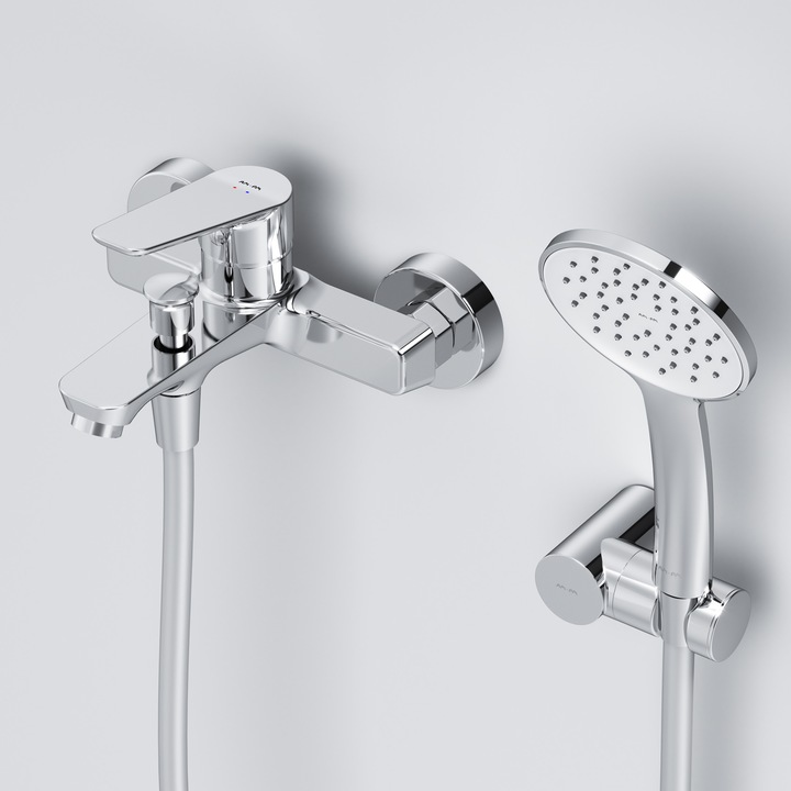 Fürdőkád-zuhanycsaptelep AM.PM Hit FTA15000, egykaros, kerámiapatron 35 mm, terelő, fali rögzítés, sárgaréz, króm