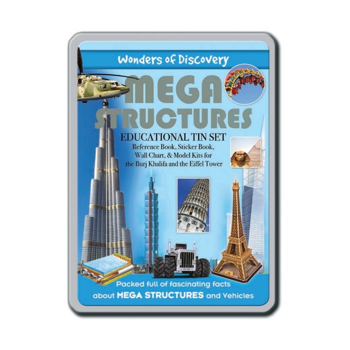Carte cu stickere si 2 puzzle, North Parade Publishing, Megastructures, cutie metalica, 6+ ani