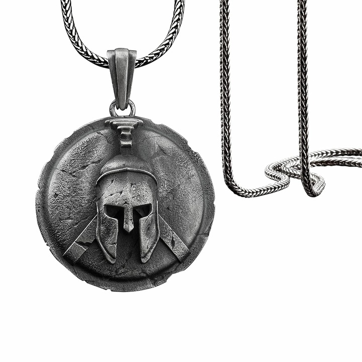 Lánc medállal, spártai harcos modell, bátor harcos téma, unisex, sötét ezüst, EFAYN