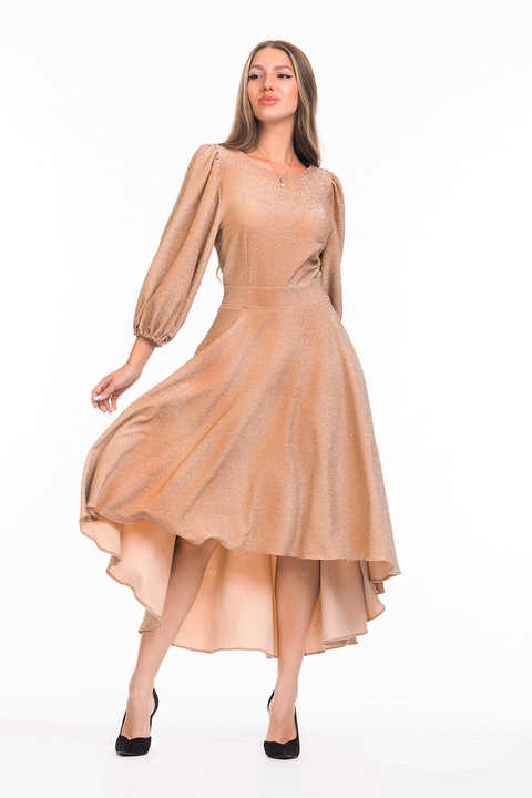CAMISSI, Rochie catifelata asimetrica cu maneci bufante, Auriu/Bej