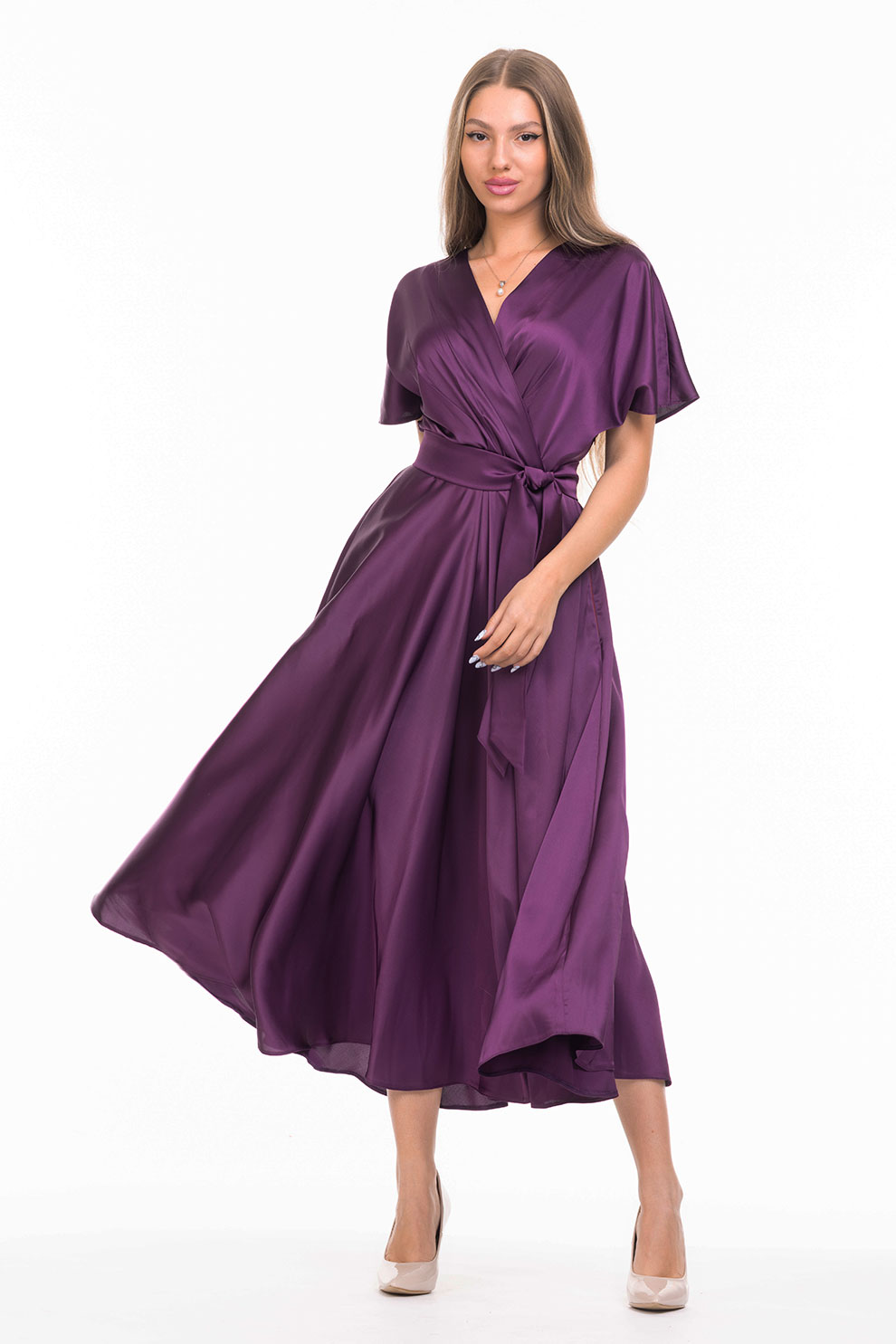 CAMISSI, Rochie midi evazata cu aspect satinat, Violet aubergine, L-XL