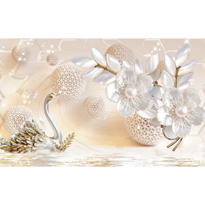 Öntapadó PVC tapéta - Swan And White Flowers, 100 x 150 cm