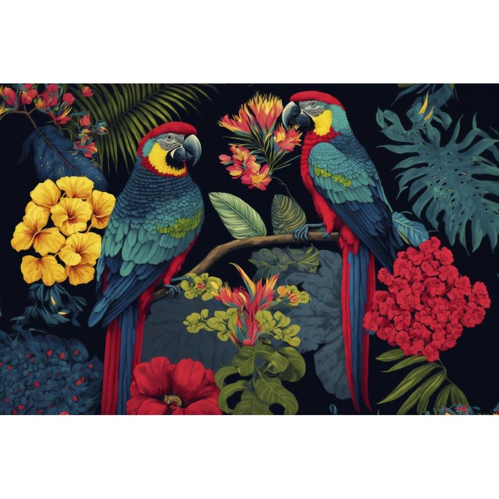 Öntapadó PVC tapéta - Színes papagájok egzotikus virágokon ülve, 100 x 150 cm