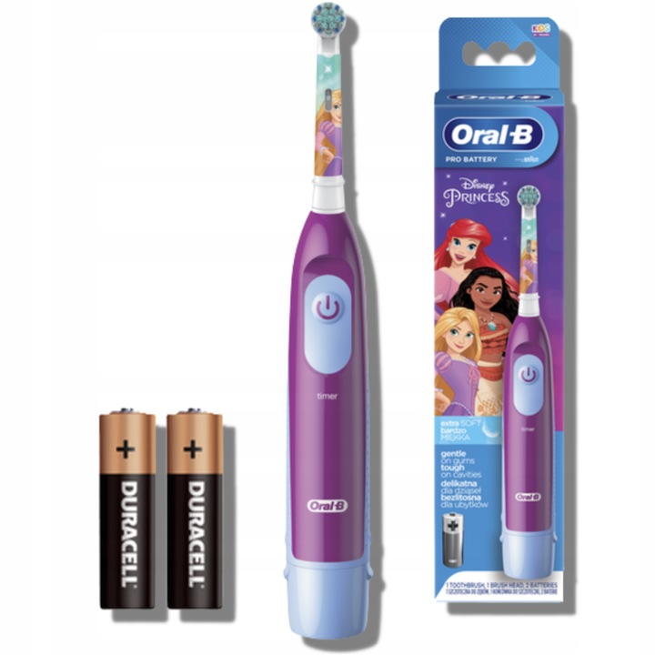 Elektromos fogkefe gyerekeknek, Oral-B Kids Princess 3+, rózsaszín és kék, Elemekkel