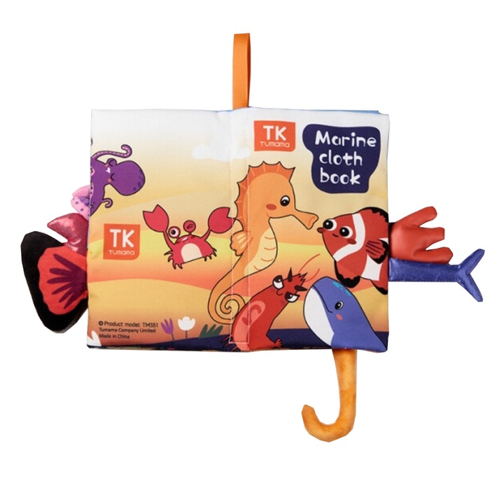 Carte interactiva fosnitoare, Carticica animalelor marine, 6 animalute marine colorate, pentru dentitia copiilor si a bebelusilor, Tumama®, +3 luni, albastru