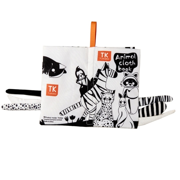 Carte interactiva fosnitoare, Carticica animalutelor, 6 animalute colorate, pentru dentitia copiilor si a bebelusilor, Tumama®, +3 luni, alb/negru