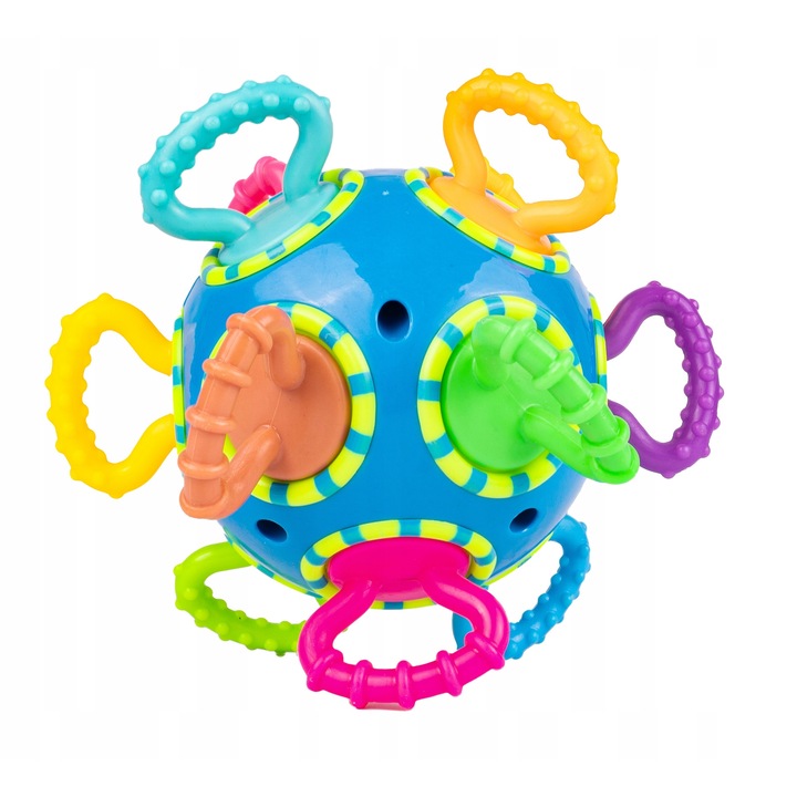 IdealSTORE szilikon szenzoros labda babáknak, 360°-ban elforgatható színezőgombokkal, Élénk színek, Stimulálja a gyermek mozgását és mozgékonyságát