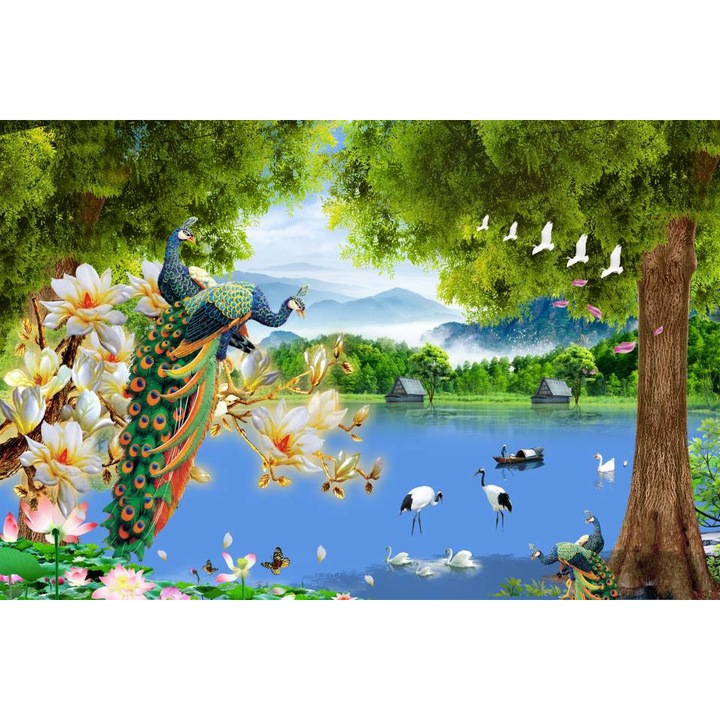 Öntapadó PVC tapéta - Páva és a mese táj, 100 x 150 cm