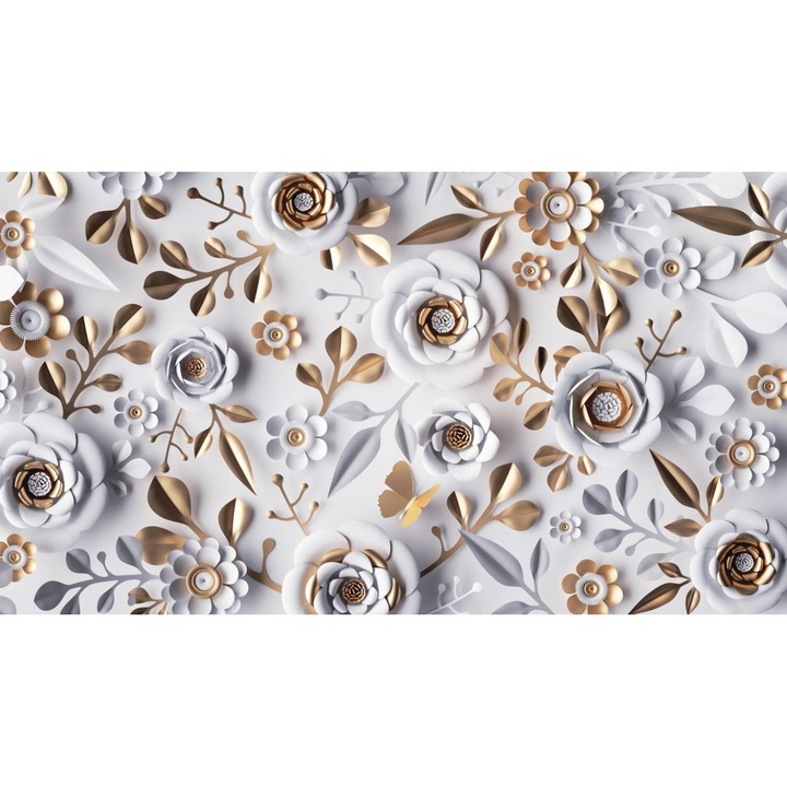 PVC öntapadó tapéta - Fehér és Arany Virágok, 100 x 150 cm