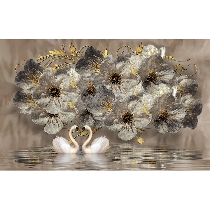 Tablou Canvas - Flori Gri Si Lebede Vintage, 30x40 cm