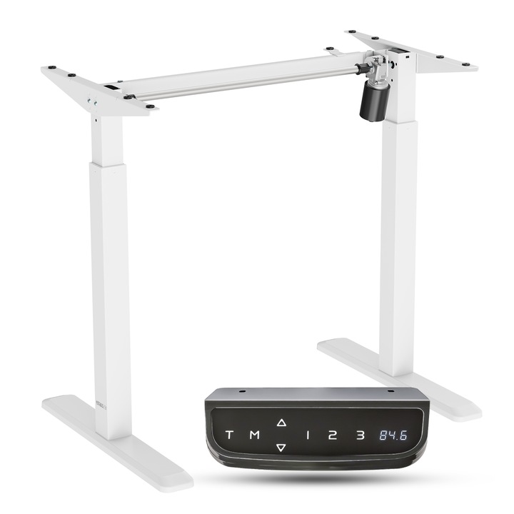 Cadru birou reglabil electric StableDesk, 1 motor, Pana la 80 kg, Touchscreen, Ergonomic, Pentru Office, Gaming, 3 Functii de Memorie, Sistem Anti-Coliziune, Timer, Inaltime 71-119 cm, Kit Suruburi Instalare Blat - Alb mat