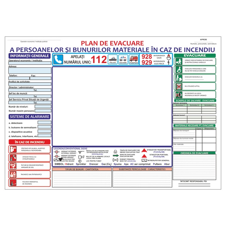 Plan de evacuare a persoanelor si bunurilor materiale in caz de incendiu, format A3, carton 300 gr