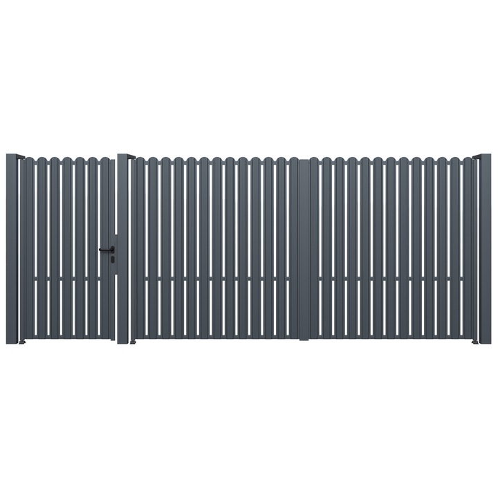 Set poarta auto si pietonala, Todome, metalica cu sipca 74, negru, 480 x 180 cm, cu accesorii si stalpi