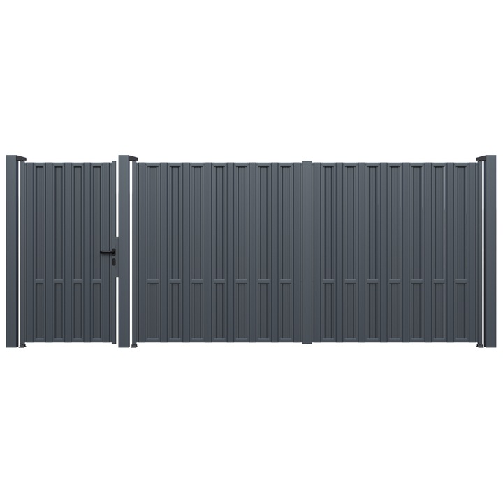 Set poarta auto si pietonala, Todome, metalica cu sipca 72, negru, 480 x 180 cm, cu accesorii si stalpi