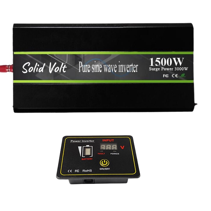 Invertor sinus pur, 1500W putere continua/3000W putere de varf, unda pura, 24V, auto si sisteme panouri solare, rulote, autorulote, cabane, cu telecomanda, Solid Volt