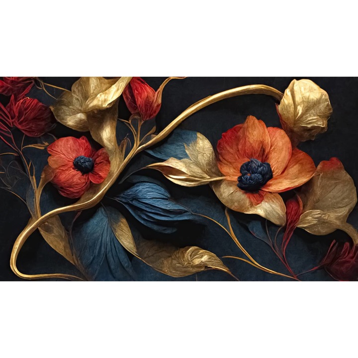 Tablou Canvas - Flori Rosii Si Aurii, 35x50 cm